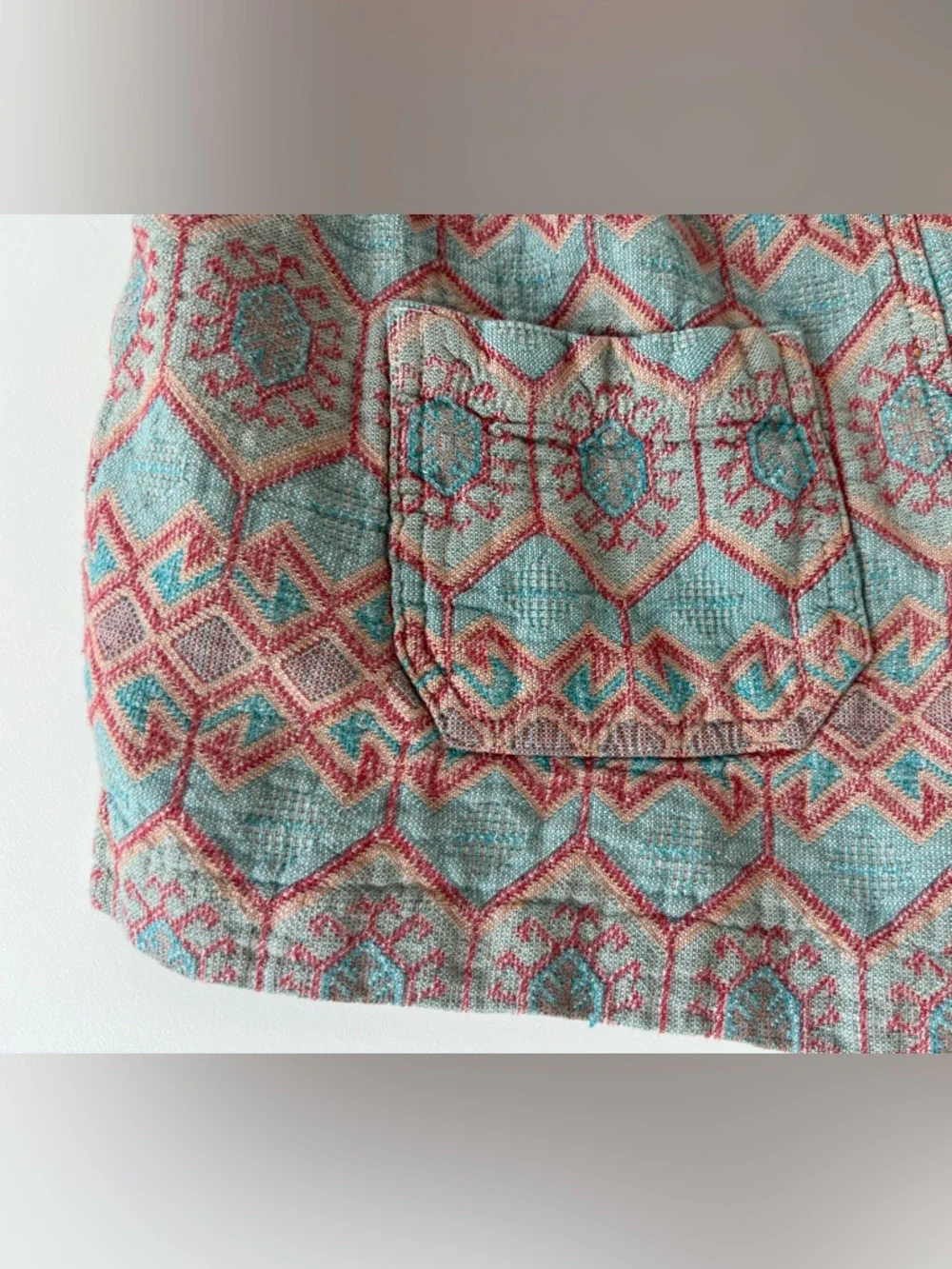 Roxy Teal & Coral Patterned Pull On Drawstring Shorts Boho Tribal Coastal Beach